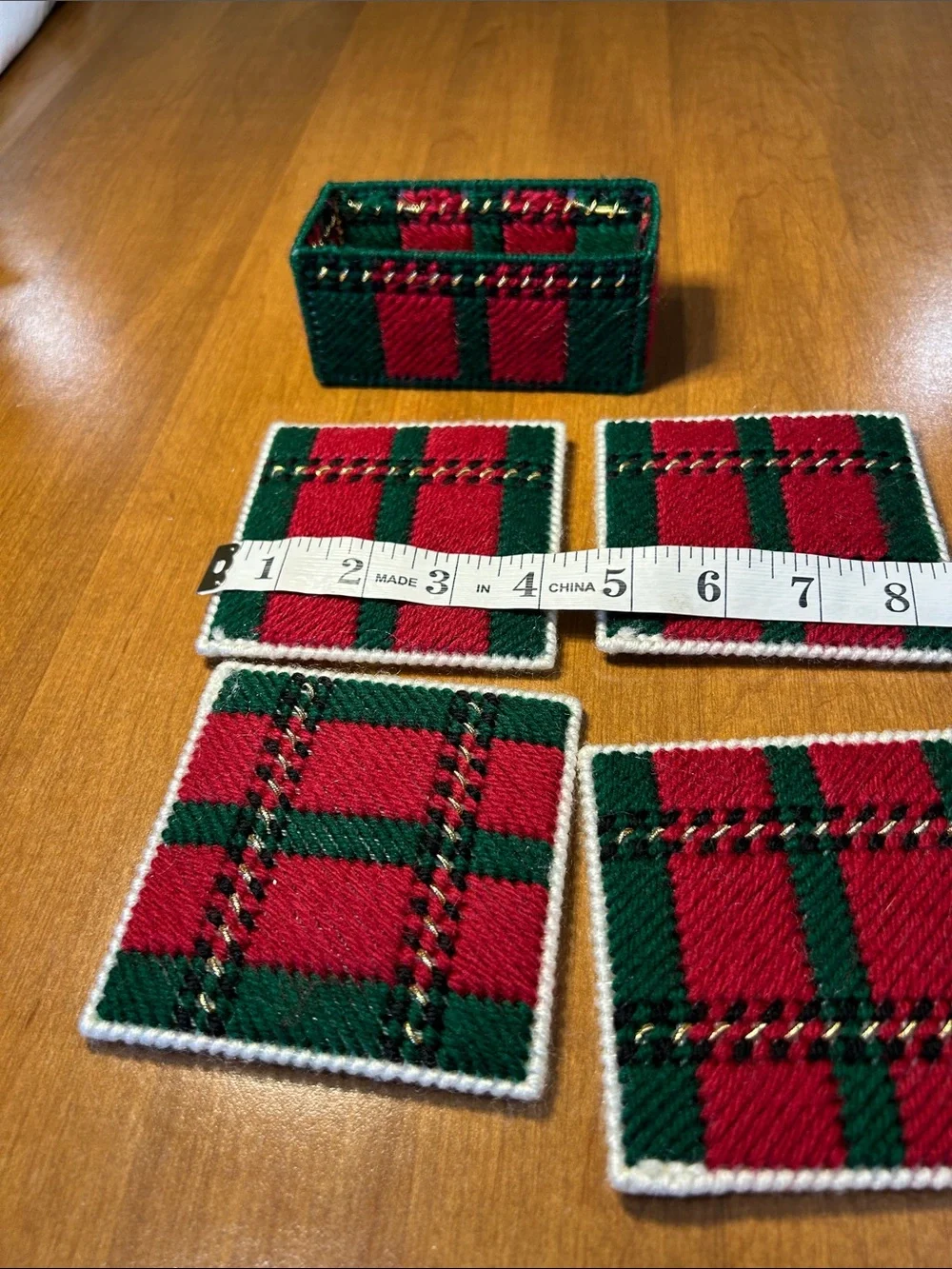 Handcrafted Red & Green Plaid Coaster Set with Holder Needlepoint